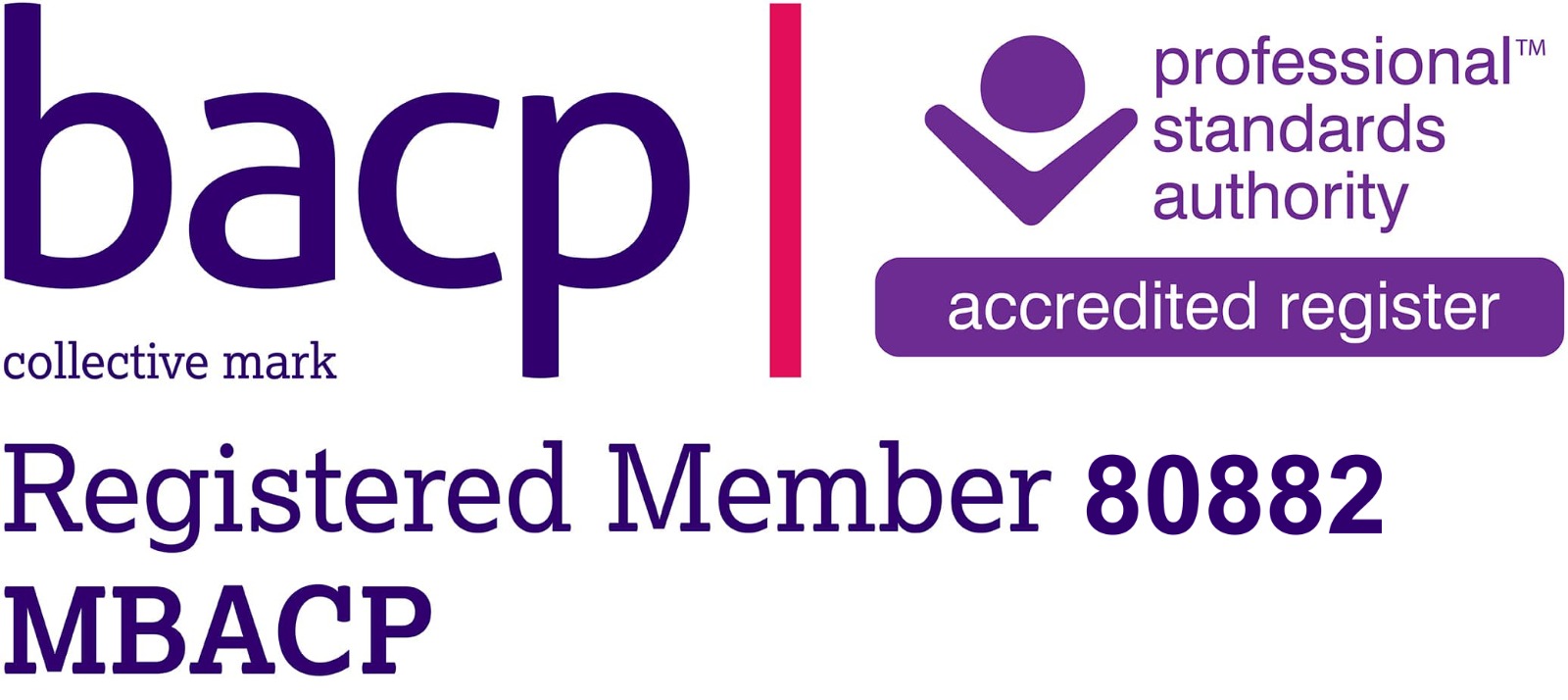BACP collective mark and Professional Standards Authority Accredited Register: Registered Member 80882 MBACP